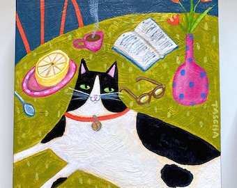 Original Cat Painting: Tuxedo Cat at breakfast table Folk Art Acrylic on wood panel 8 x 8 inches by TASCHA