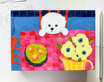 Original Bichon Frise Dog painting cute white fluffy bichon dog at kitchen table with flowers and oranges naive folk art puppy by TASCHA 5x7