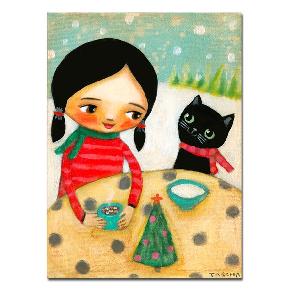 Original Snowy Day with Black Cat painting outdoor hot cocoa and milk acrylic on canvas naive folk art hand painted by TASCHA 8x6