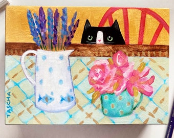 Original Tuxedo Cat with vase of lavender painting small acrylic on wood hand painted black cat folk art naive outsider art by TASCHA