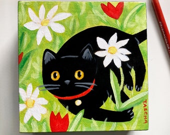 Original Black Cat in garden with daisies painting acrylic on wood hand painted pet portrait naive folk art cute floral by TASCHA