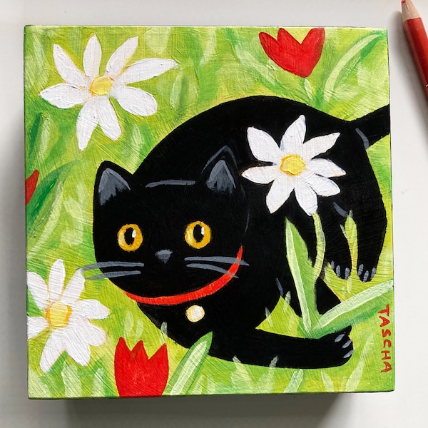 Original Black Cat in garden with daisies painting acrylic on wood hand painted pet portrait naive folk art cute floral by TASCHA