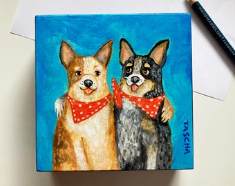 Original Blue Heeler and Red Australian Cattle Dog painting best friends folk art dog naive pet portrait acrylic painting 5x5 by TASCHA