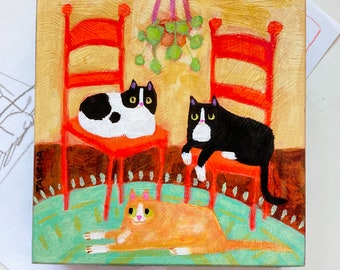 Original Cats on chairs painting tuxedo black and orange on a red chair cute small acrylic painting on wood naive folk art by TASCHA 5x5