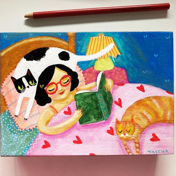 Original reading books with cat painting naive cat pet portrait bedroom night story cat folk art acrylic on wood painting by TASCHA 5x7