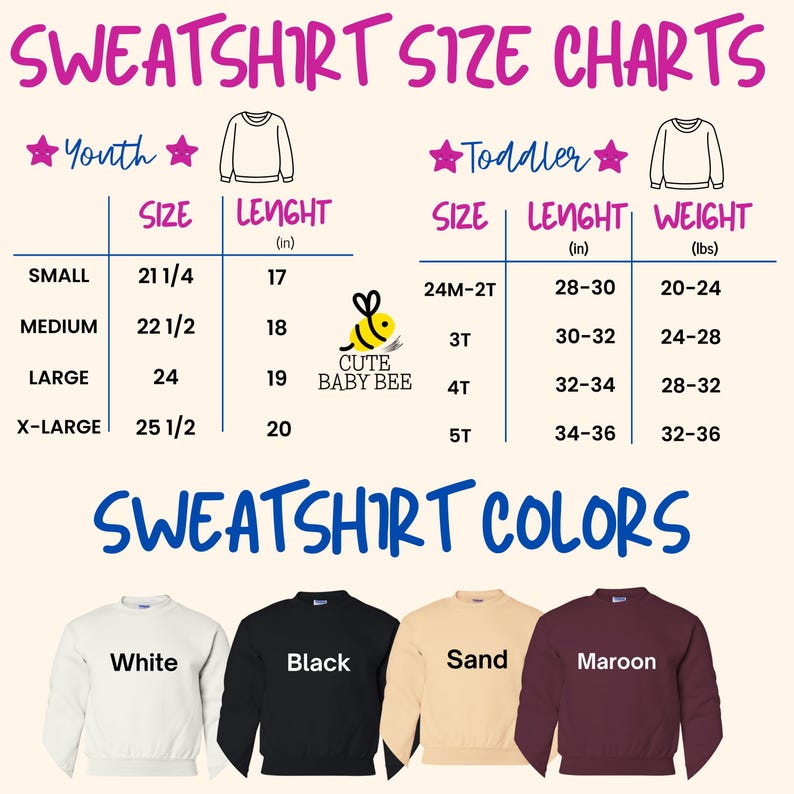 sweatshirt sizes chart for girls and boys