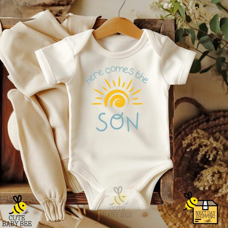 Here Comes The Son Bodysuit, Funny Announcement Baby Tee, Summer Natural Kids Shirt image 3