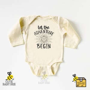 a baby bodysuit that says, let the adventure begin