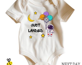 Astronaut Baby Bodysuit, Space Theme Newborn One Piece, Just Landed Outfit