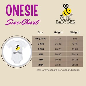 The image is a size chart for baby onesies, providing measurements for different age groups and corresponding heights and weights.