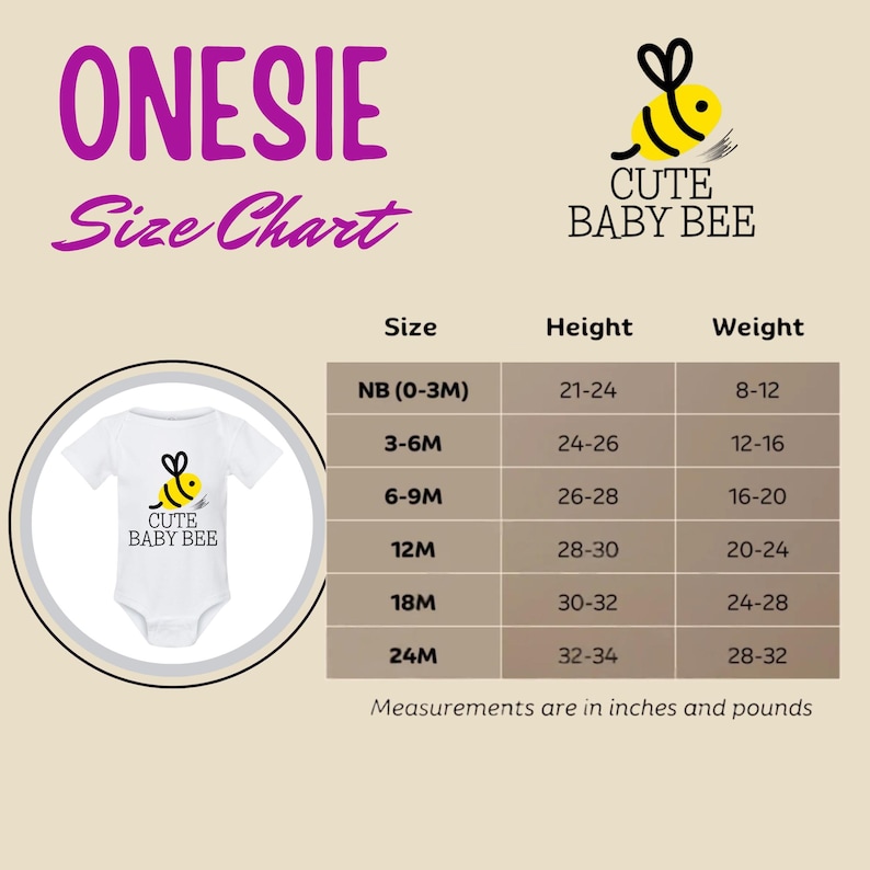 The image is a size chart for baby onesies, providing measurements for different age groups and corresponding heights and weights.
