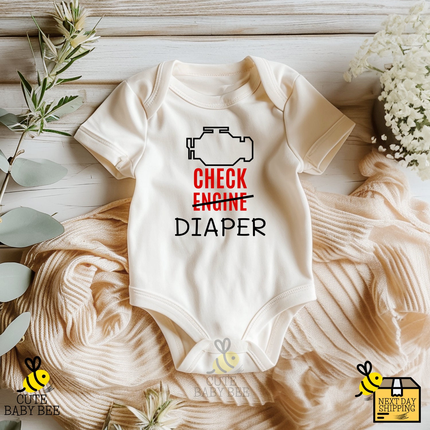 Check Engine Diaper Onesie® | Funny Baby Bodysuit | Car Theme Infant