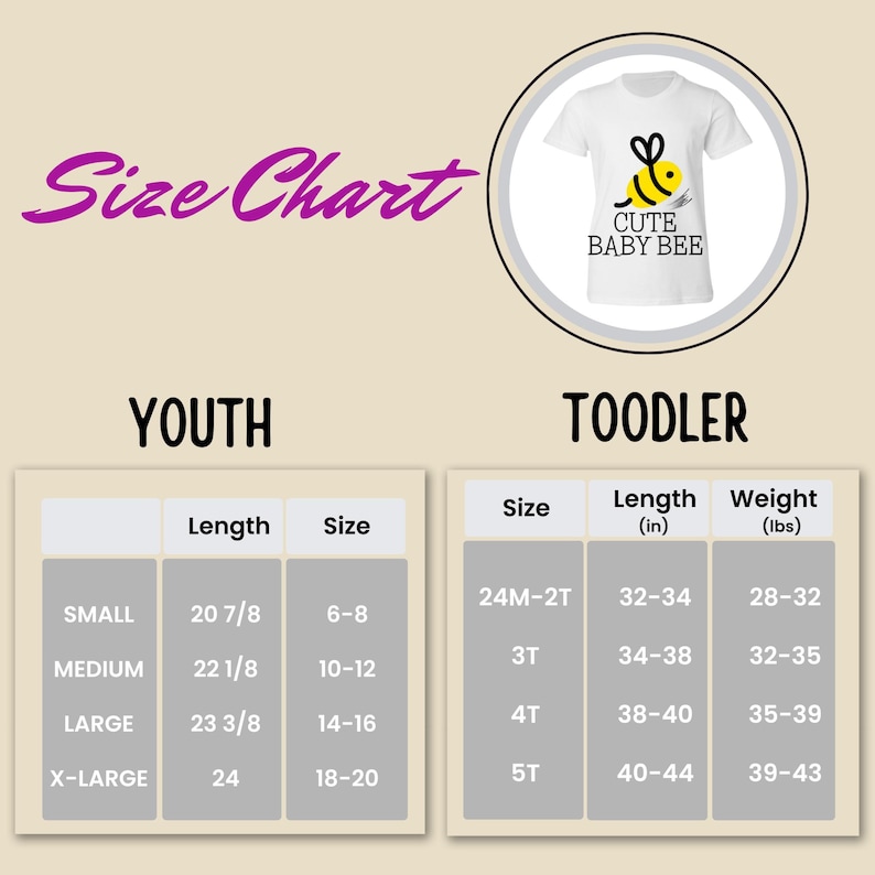 The image is a size chart for children, divided into two sections: "Youth" and "T toddler". The chart provides measurements for different age groups, including sizes for small, medium, large, and x-large.
