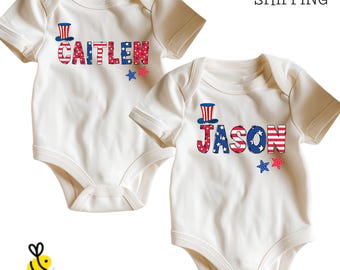 Personalized 4th Of July Baby Bodysuit, Custom Name USA Flag Kids T-Shirt
