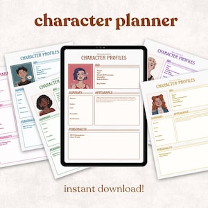 Peut inclure: Un planificateur de personnages numérique affiché sur un écran de tablette, entouré de plusieurs feuilles de profil de personnage imprimées. Chaque feuille présente une illustration, des sections bio, résumé, apparence et personnalité, avec le texte character planner et instant download.