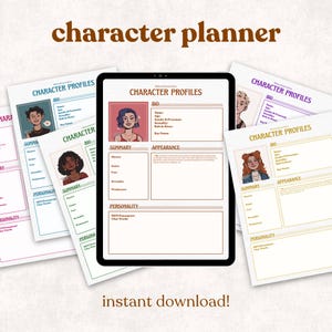 Può includere: Un character planner digitale con la scritta "character planner" in marrone. Il planner include fogli di profilo del personaggio con sezioni per bio, riepilogo, aspetto e personalità. Sono visibili anche le parole "instant download!"