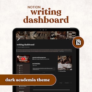 May include: A digital Notion writing dashboard displayed on a tablet screen. The interface features a dark theme with sections for current work in progress, new book ideas, a to-do list, and a resource library, accented by a Notion logo icon.