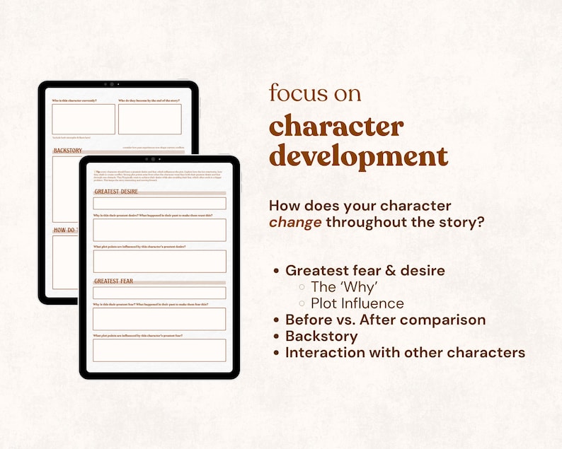 May include: Two digital tablets displaying character development worksheets. The text on the screen includes "Backstory," "Greatest Desire," and "Greatest Fear." The image also features the text "focus on character development" and bullet points about character analysis.