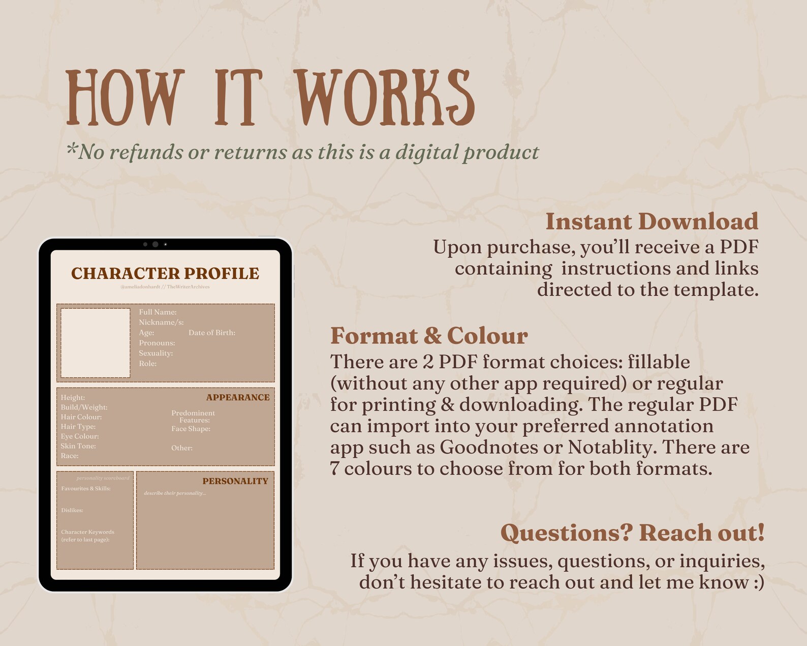 Character Profile Digital & Printable Character Template for Writers