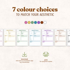 May include: Seven character profile templates in various colors, including pink, yellow, green, blue, purple, brown, and white. The text reads "7 colour choices to match your aesthetic." Includes download and print options.