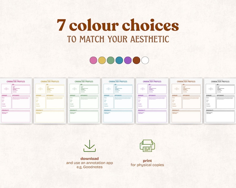 May include: Seven character profile templates in various colors, including pink, yellow, green, blue, purple, brown, and white. The text reads "7 colour choices to match your aesthetic." Includes download and print options.