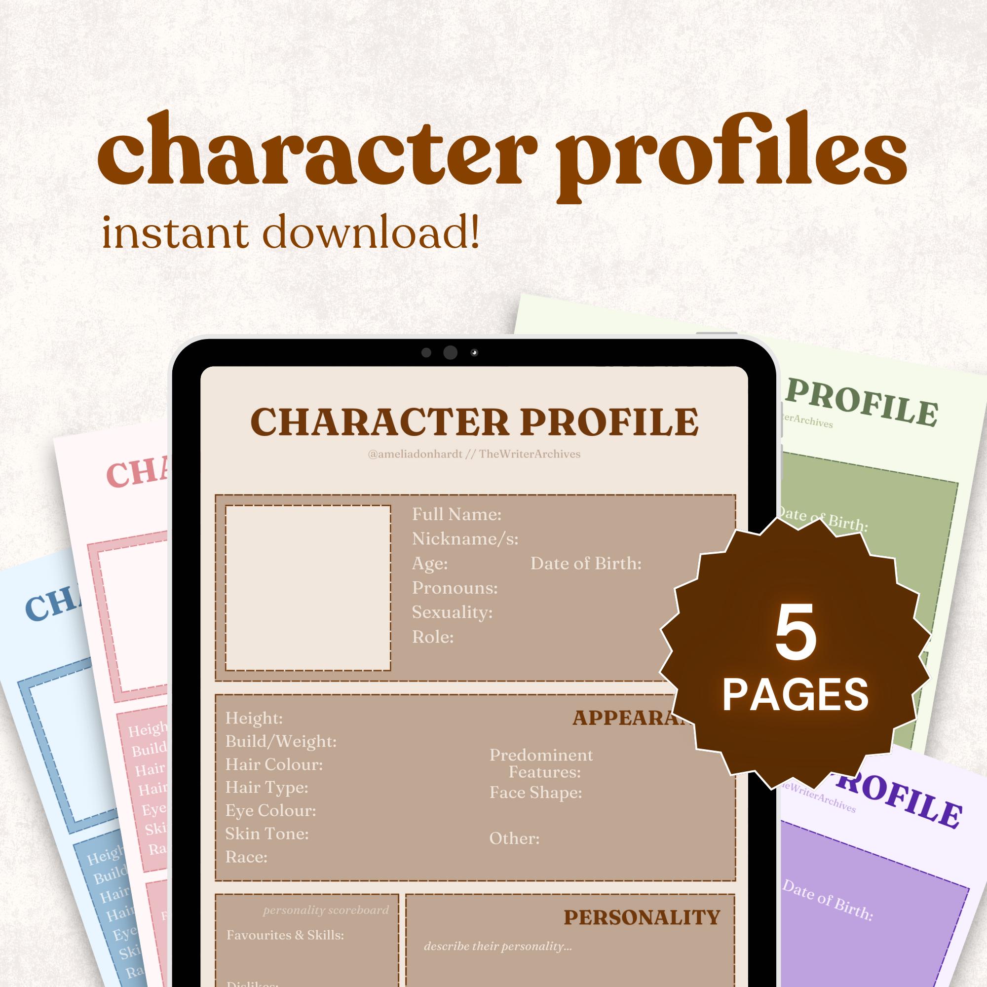 Character Profile | Digital & Printable Character Template for Writers | Fillable PDF Writing Planner, Instant Download, GoodNotes