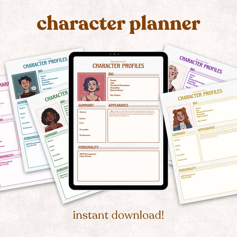 May include: A digital character planner with the text "character planner" in brown script. The planner includes character profile sheets with sections for bio, summary, appearance, and personality. The words "instant download!" are also visible.