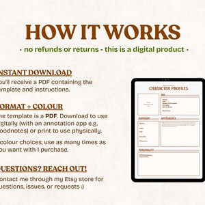 May include: A digital product image with the text "HOW IT WORKS" and instructions for use. The image includes a tablet displaying a character profile template. The text explains the product is a PDF, available for instant download, and offers seven color choices.