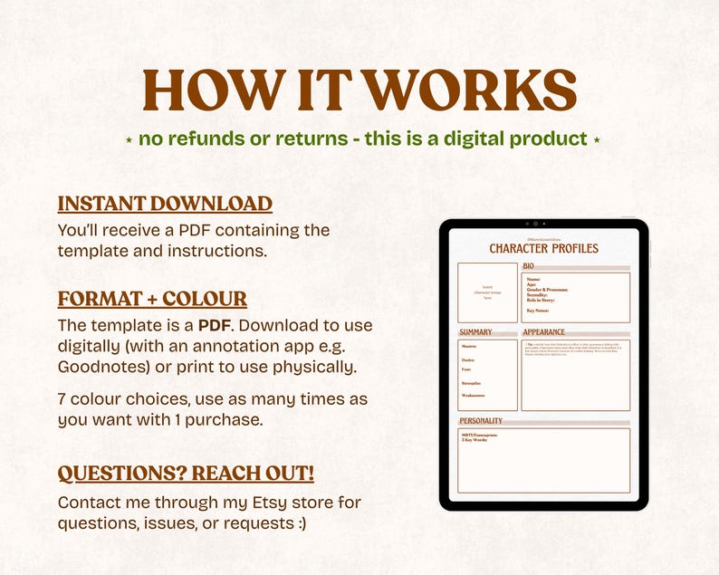 May include: A digital product image with the text "HOW IT WORKS" and instructions for use. The image includes a tablet displaying a character profile template. The text explains the product is a PDF, available for instant download, and offers seven color choices.