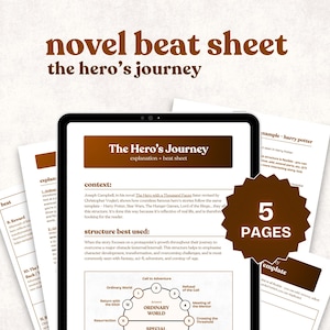 May include: A digital tablet shows a "The Hero's Journey" beat sheet template with 5 pages. The template explains story structure, including the "Ordinary World" and "Call to Adventure" phases. Additional pages with text are visible.