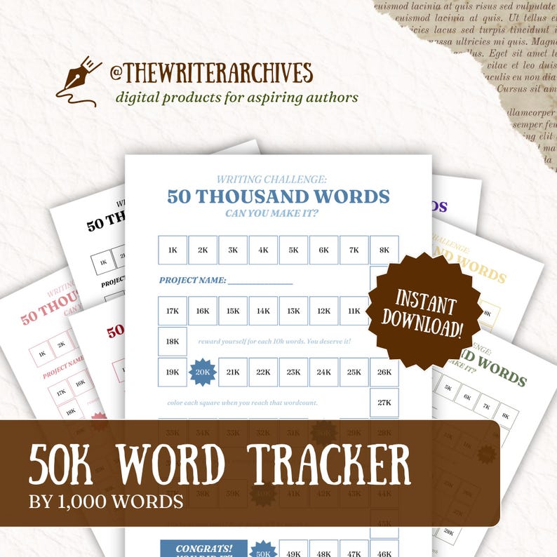 50K Word Count Tracker | Track Your Progress With This 50,000 Word Template | Nanowrimo, Instant ...