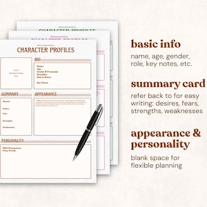 May include: Character profile sheets with sections for bio, summary, appearance, and personality details. A black pen rests on the top sheet. The text on the right side describes the sections: basic info, summary card, and appearance & personality.