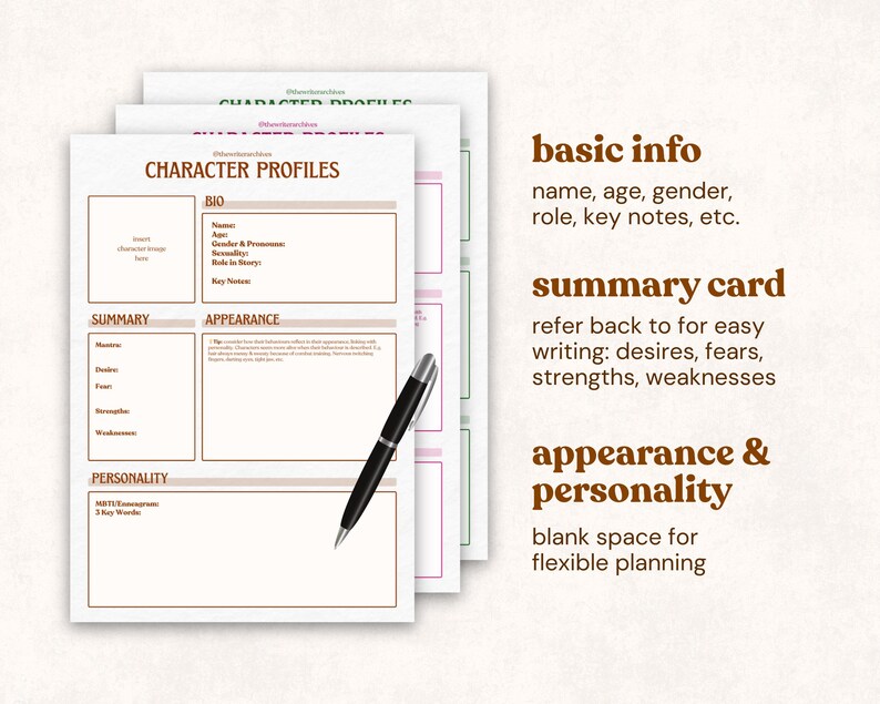 May include: Character profile sheets with sections for bio, summary, appearance, and personality details. A black pen rests on the top sheet. The text on the right side describes the sections: basic info, summary card, and appearance & personality.