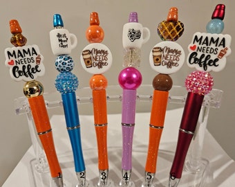 Handmade Fancy Beaded Pen, Coffee Lover Pen, Funny Saying Pen, Focal Beaded Pen, Mama Needs Coffee