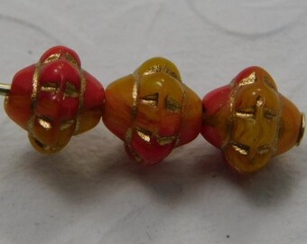 Czech Saturn Beads 6mm Flying Saucer UFO Opaque Red Yellow Gold (25pk) SRB-6x5S-ORYG