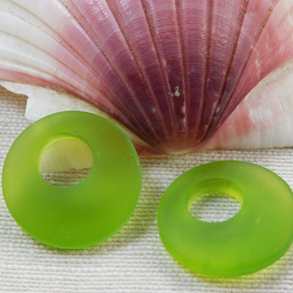 Olive Green Sea Glass Gogo Donut Pendants pair 18mm matte frosted cultured  SGP-GG18mm-Olive