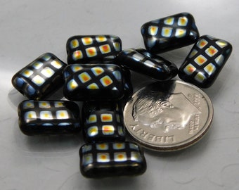 8 pcs Czech Glass Beads Small Flat Rectangle Black with Small Vitrail Grid 8x12mm SRB-CP8x12-SBVG