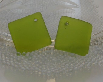 Sea Glass Square Pendants pair Olive Green 18mm matte frosted cultured drilled SGP-18mm-OG