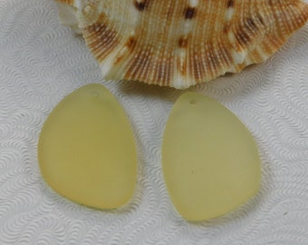 Lemon Yellow Sea Glass Pendants pair 25x17mm teardrop matte frosted cultured drilled SGP-25x17-LY