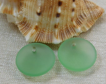 Small Autumn Green Concave Coin Sea Glass Pendants pair 18mm matte frosted cultured drilled SGP-CC18mm-AutG