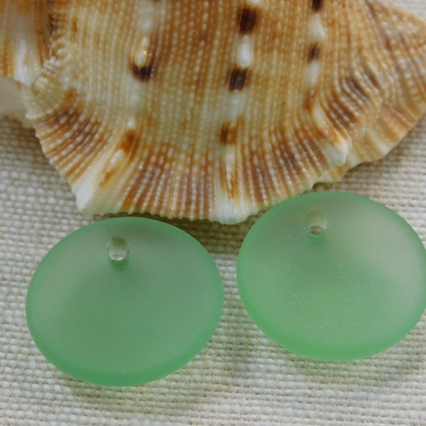 Small Autumn Green Concave Coin Sea Glass Pendants pair 18mm matte frosted cultured drilled SGP-CC18mm-AutG