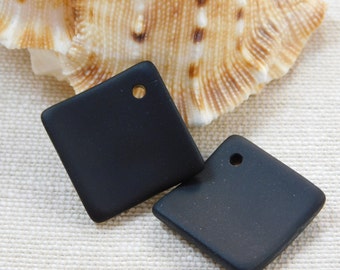 Sea Glass Square Pendants pair Black 18mm matte frosted cultured drilled SGP-18mm-BLK