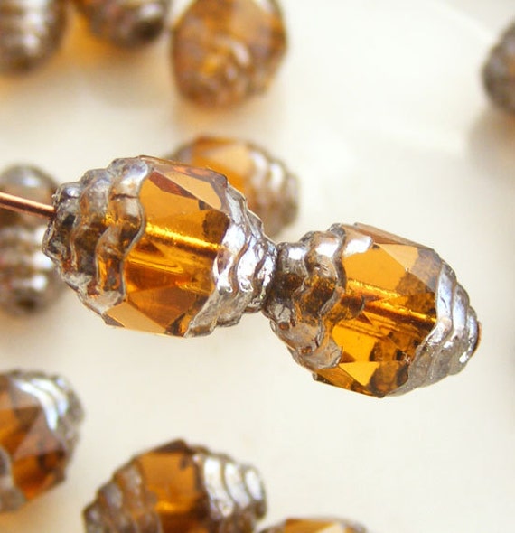 25 10x8mm Czech Glass Topaz gold w// gold ends Faceted Wavy Step Beads