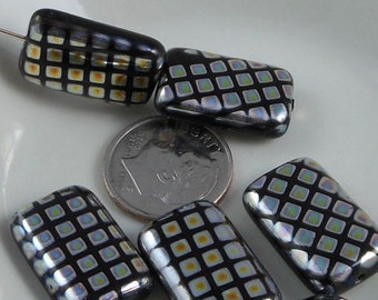 2 pcs Czech Glass Beads Large Flat Rectangle Black with Small Vitrail Grid 19x12mm SRB-CP19x12-BVG