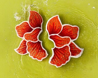 Batik Sayang Stud Earrings Rhodium Hypoallergenic Oriental Poppy Flower Orange White and Gold Details '