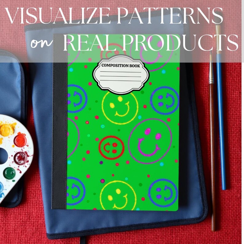 Back to school procreate mockup showing a composition notebook cover with a bright green smiley face design in red blue and yellow, book has a paint palette and some paintbrushes