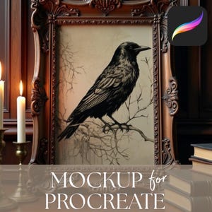 May include: A framed artwork featuring a black crow perched on a branch, set against a sepia-toned background. The artwork is displayed in an ornate, dark brown wooden frame. The text "MOCKUP for PROCREATE" is at the bottom of the image.