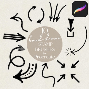 以下が含まれることがあります： Procreate 用の 10 個の手描きスタンプブラシのコレクション。さまざまな黒い矢印のデザインが特徴です。矢印には、曲線、直線、点線のスタイルがあり、右上隅に Procreate アプリのアイコンがあります。「10 hand-drawn STAMP BRUSHES for Procreate」というテキストが円形に配置されています。