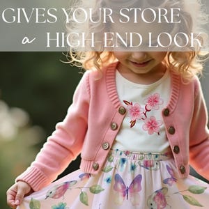 little girl with curly hair wearing a pink cardigan, procreate mockup with a cherry blossom digital design tshirt and a cottagecore fairycore pink pastel dress or skirt with butterflies, flowers, leaves and birds