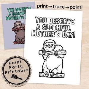 Happy Mother&#39;s Day Pre Drawn Canvas Kit, Funny Sloth Paint & Sip Toolkit, DIY Wall Art Template, Handmade Gift For Mom, Art Stencil Download